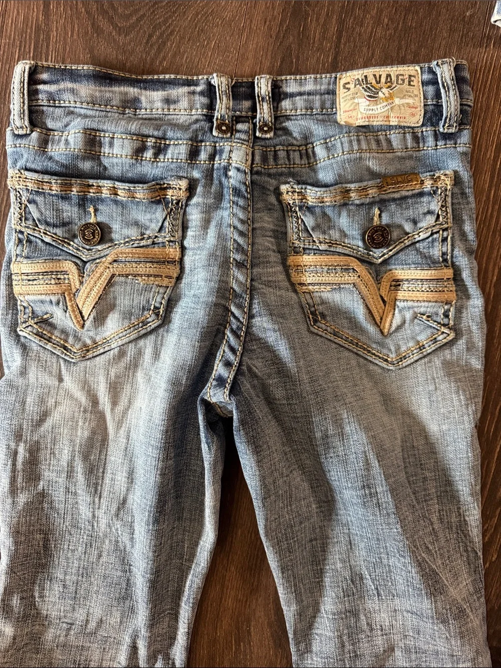 Salvage Light Blue Men’s Bootcut Jeans with Tan Contrast Stitching